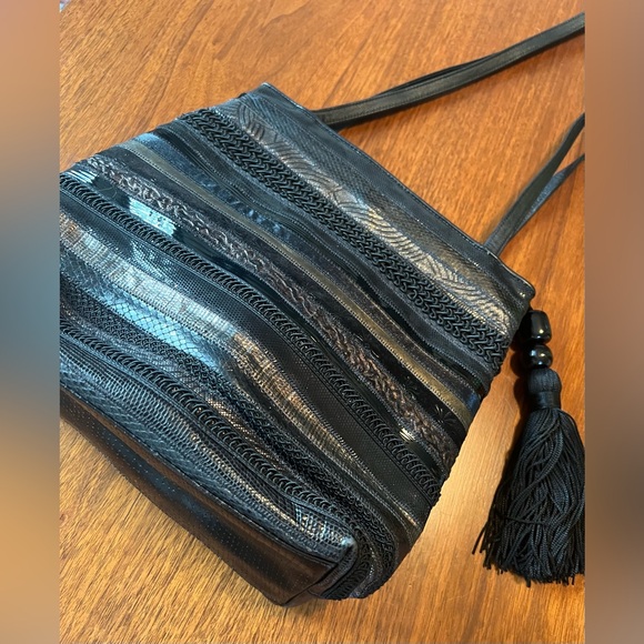 Vintage SHARIF shoulder bag Black patchwork accents pristine condition - Picture 2 of 9